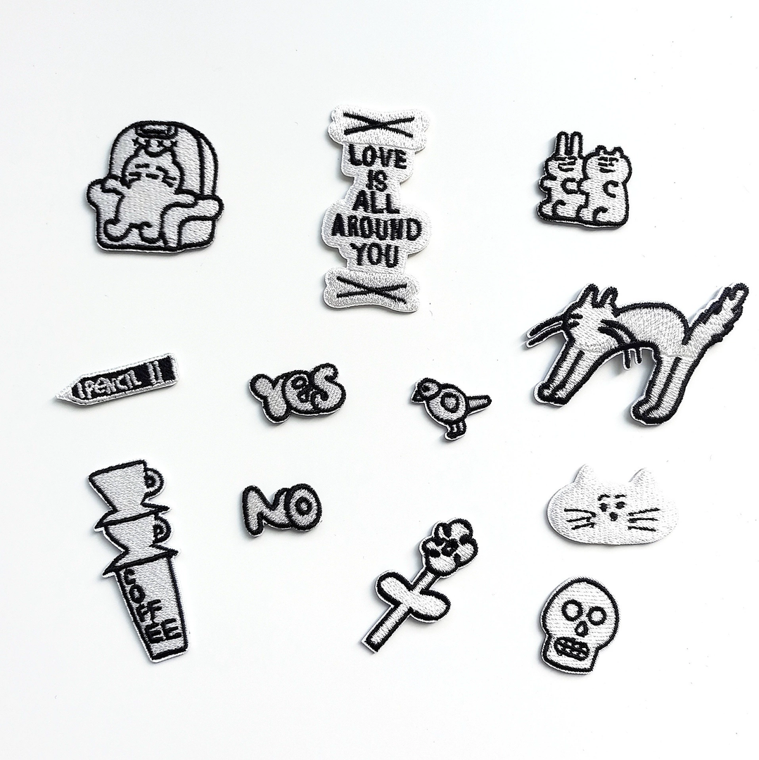 Embroidered Patches Custom Iron-On Name Tag, Set of Black&White characters